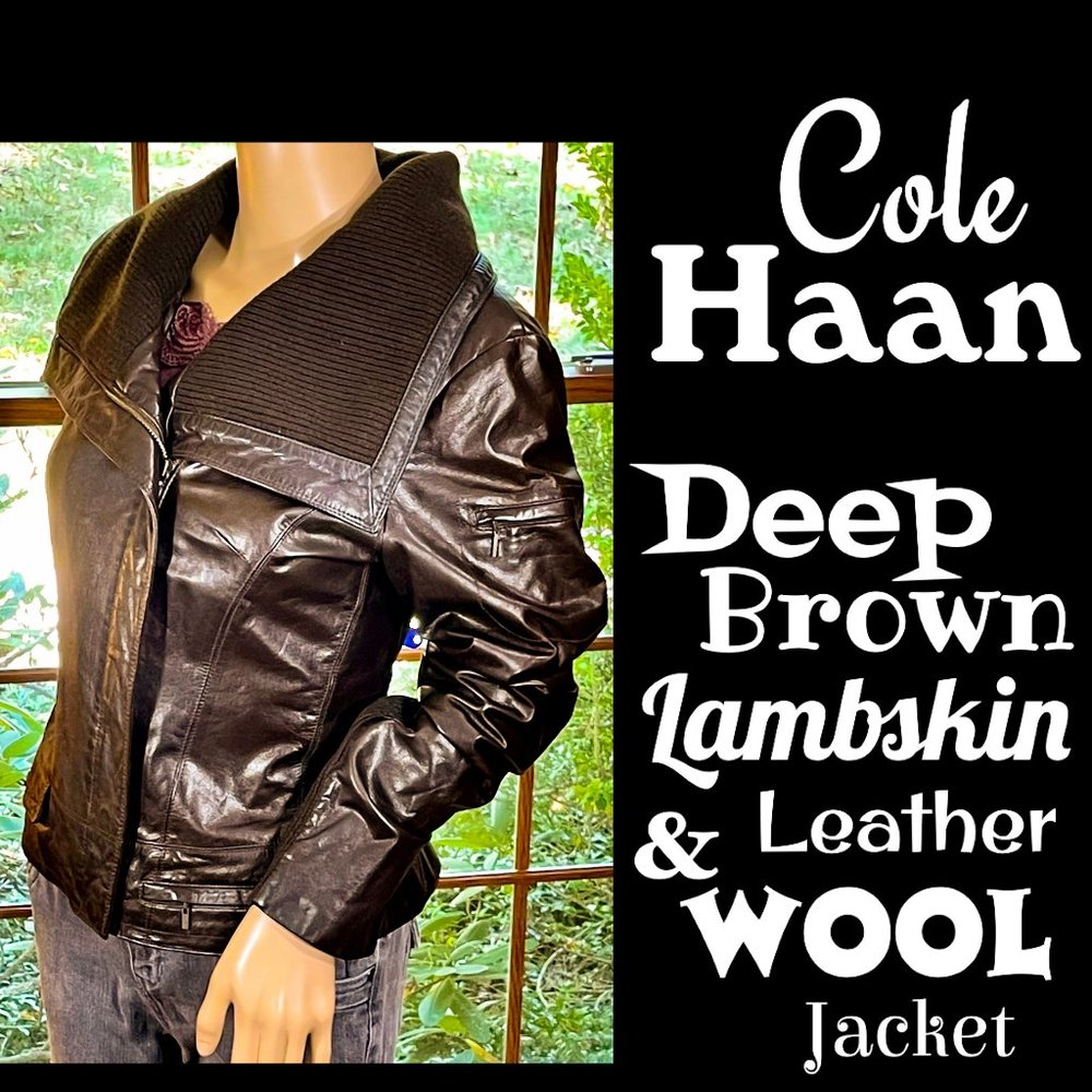 ⭐️HP⭐️COLE HAAN▪️Deep Brown Lambskin Leather & Wool Convertible Collar Jacket - Picture 1 of 16